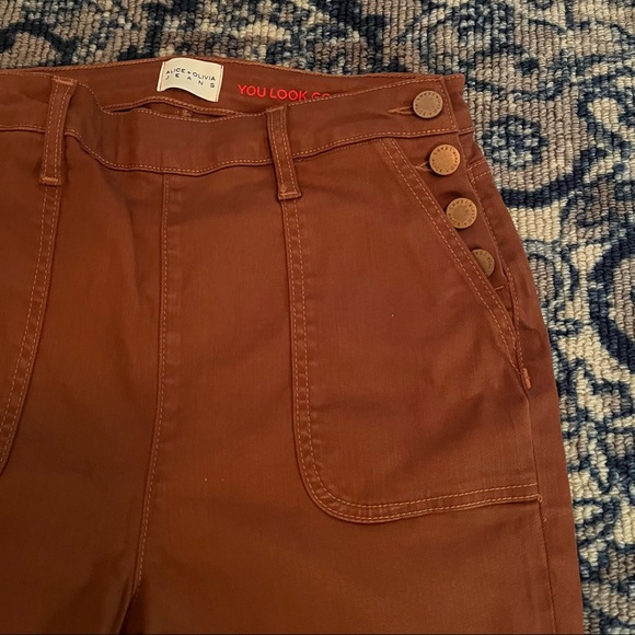 Alice + Olivia Donald Coated Skinny Jeans High Rise Waist Button Chocolate 30 - Picture 9 of 16